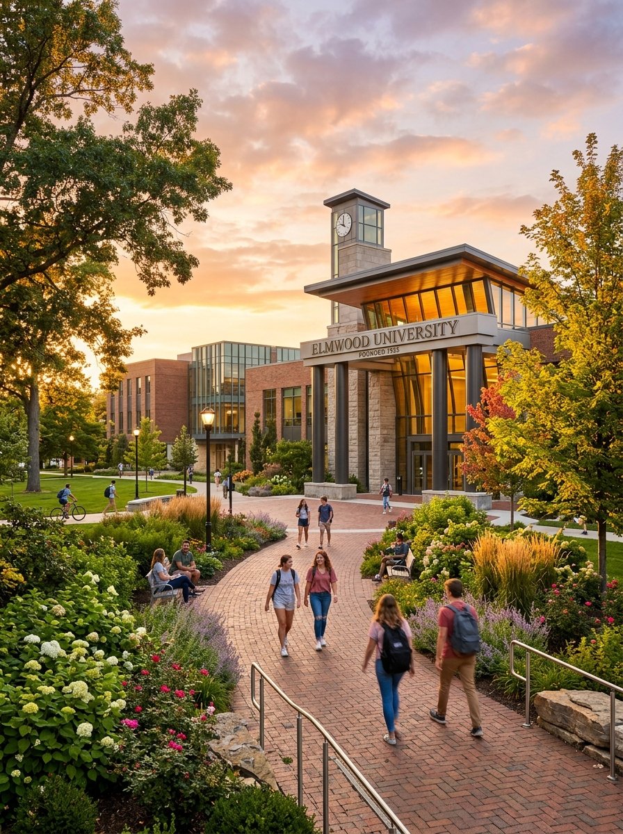 Campus entrance with students
